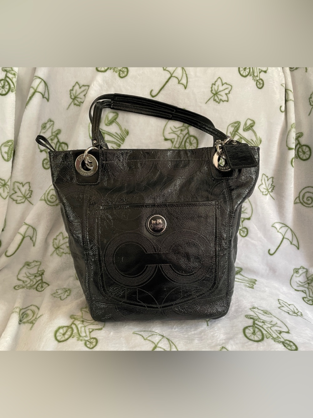 Coach Black Leather Shoulder Bag with Signature Logo Patch / like new